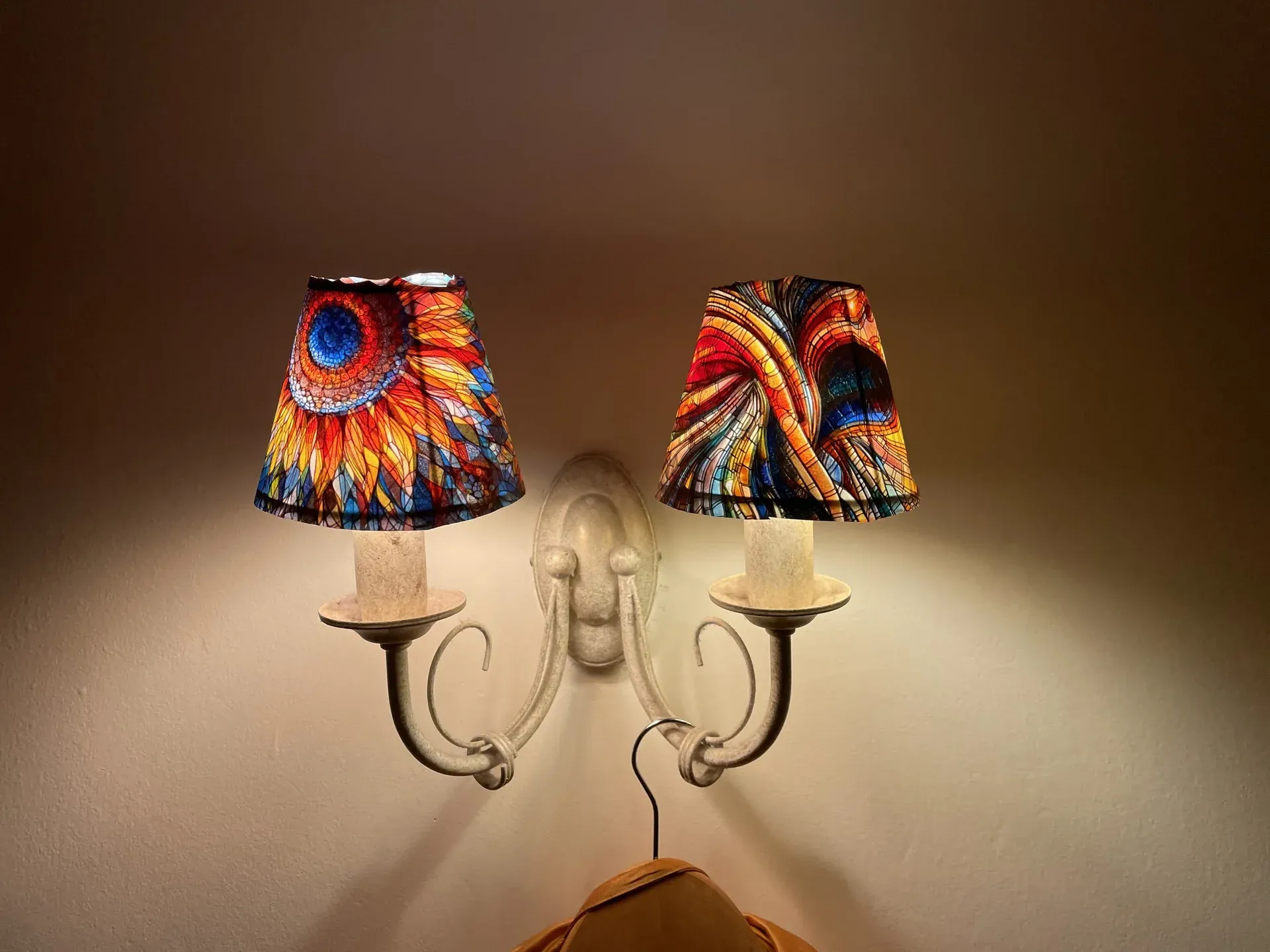 Mounted colourful lampshades closeup